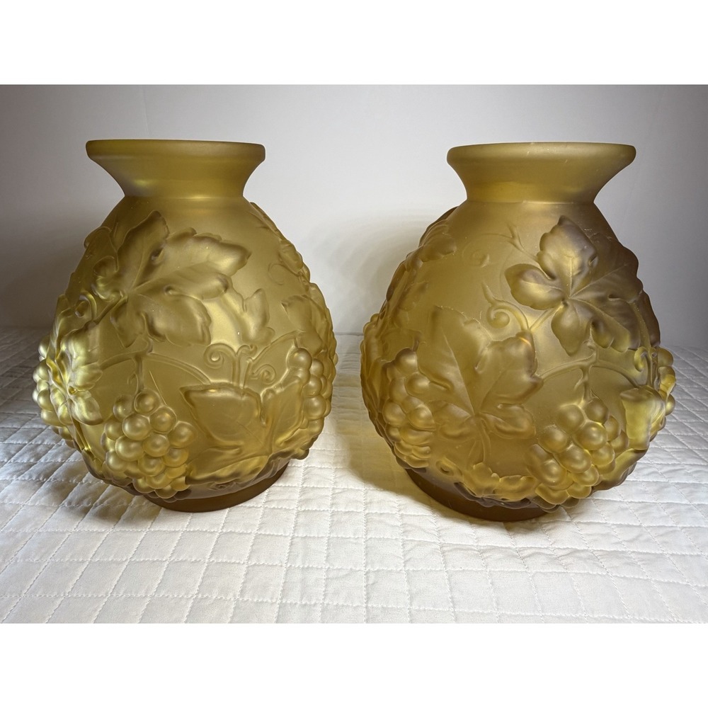 Etaleune Paris France Signed Satin Art Glass Grape Vine Vase Pair Antique - Picture 4 of 16